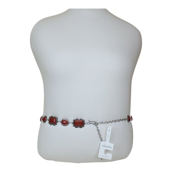 Haute Hippie Style Silver & Red Stone Chain Belt One Size Adjustable 41" Long - Picture 1 of 11